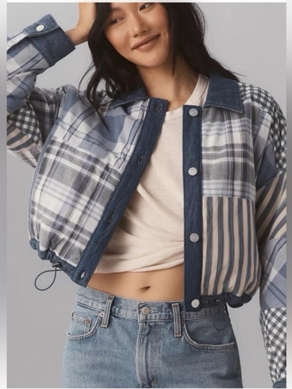 Anthropologie Pilcro cropped Patchwork Plaid Button-Front Jacket in Blue & Gray